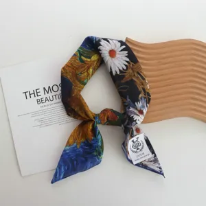 Floral oil painting print square scarf versatile cotton hair band for women spring summer fashion