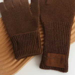 Gants longs tricotés sans doigts pour femmes, gants en laine chauds d'hiver avec étiquette en cuir.