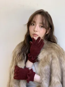 Women winter knit fingerless gloves burgundy ruffles cute warm cozy elegant fashion style