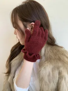 Women winter cute ruffles fingerless knit gloves solid color warm fashion stylish mittens.