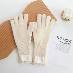 Gants longs tricotés en laine chaude pour femmes blanc cassé, gants d'hiver cinq doigts doux.