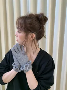 Grey knit gloves for women winter warm touchscreen ruffles fashion stylish cute soft gloves