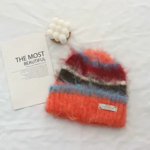 Berretto in maglia a righe colorblock in stile coreano da donna invernale caldo peluche di lana