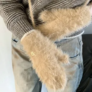 Cozy winter fuzzy knit gloves for women, stylish cute warm touchscreen hand wear khaki.