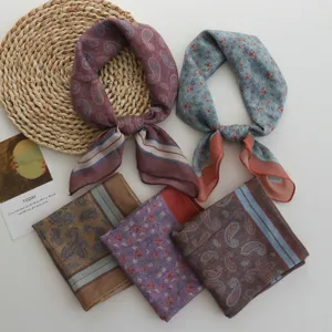 Vintage Floral Cotton Square Scarf For Women Japanese Style Breathable Paisley Small Neck Scarf Artistic Decorative Handkerchief