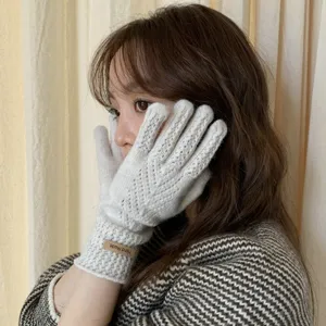 Solid color warm knit gloves for women winter soft thermal comfortable split finger wear.