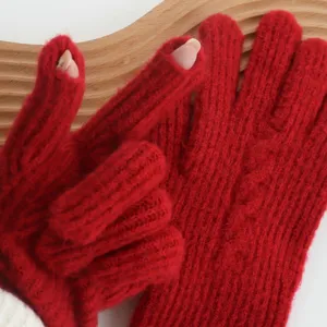 Red knitted fingerless gloves for winter warm touch screen student fashion style cozy