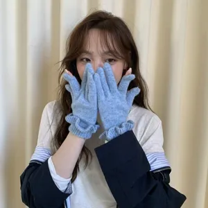 Cute light blue ruffle fingerless knit gloves, soft and warm winter accessories for daily wear.