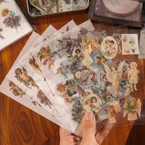 Vintage doorzichtige engel journal stickers set, esthetische retro briefpapier voor knutselen.
