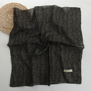 Black floral print square scarf for women, lightweight vintage neckerchief for sun protection