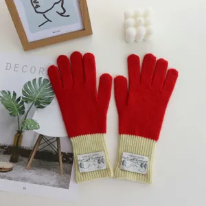 Colorful knit gloves winter warm contrast color long cuff thick cozy thermal mittens for women