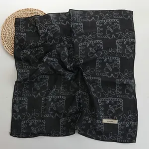 Black square scarf with floral line print lightweight breathable fabric fashion accessory new design