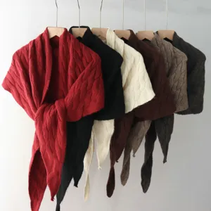 Solid color knit shawl scarf, braided winter warm triangle wrap, cozy cardigan detail.