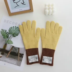 Close-up view of color-blocked knitted winter gloves showcasing cozy ribbed cuffs and labels.
