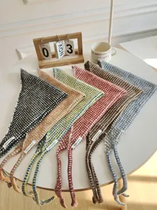 Korean fashion knitted triangle headscarf colorful grid hair wrap detail view style