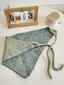 Knitted triangle scarf bandana retro blue yellow tweed hair band stylish layering hair accessories