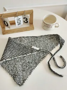 Black and white woven triangle scarf, chic knit hair band or waist wrap for women.
