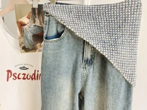 Trendy blue white checkered wool triangle scarf waist skirt layering fashion accessory for women.