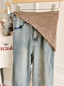 Chic Korean style denim jeans with knit triangle waist wrap trendy layered street wear detail