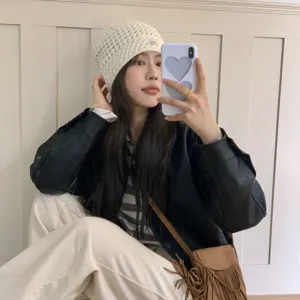 Korean retro hollow knit beanie autumn winter warm versatile solid color woolen cap.