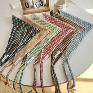 Women Plaid Knit Triangle Scarf Warp Knitted Polyester Headband Multi Functional Wrap Shawl Waist Chain Belt Tassel Neck Scarf