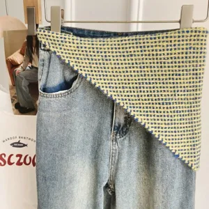 Korean style knitted triangular scarf layered with stylish denim pants, fashion waist wrap.