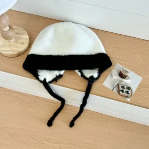 Gorro de punto de felpa para mujer, sombrero de invierno con orejeras y cintas, negro.