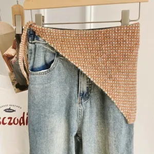 Korean fashion knitted triangle scarf denim pants matching stylish streetwear outfit main view