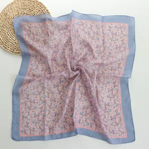 Retro floral small square scarf with blue border and pink inner design, lightweight fabric.