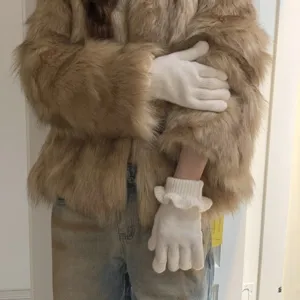 Cozy winter knit touch screen gloves with cute ruffles for women stylish daily wear detail view.