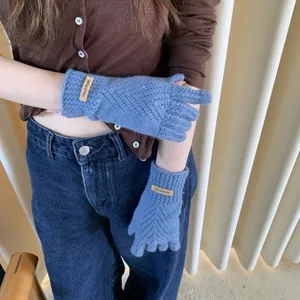 Solid color woolen knitted gloves for women winter warm touch screen split finger cycling