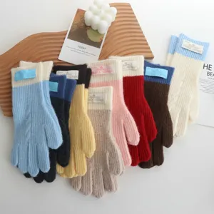 Cozy color-blocked knit gloves for winter warmth, soft woolen fashion cold-weather accessories