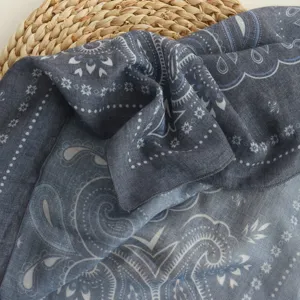 Blue-grey paisley print silk scarf, lightweight breathable square scarf for women spring summer.