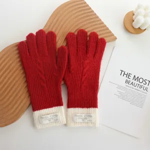 Women winter red knitted gloves color block warm thermal touch screen cold weather gloves