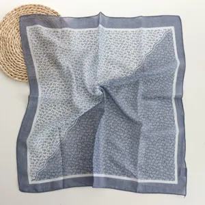 Blue white floral square scarf for women, lightweight breathable neckerchief hair wrap accessory.