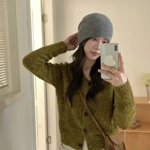 Berretto in maglia grigia da donna, autunno inverno retro versatile cappello di lana, cuffia calda.