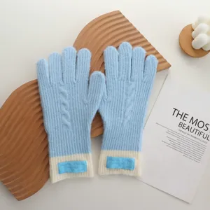 Close-up detail of light blue and white color-block knitted gloves for cozy winter warmth.