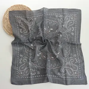 Grey paisley print square scarf, lightweight breathable fabric for women spring summer.