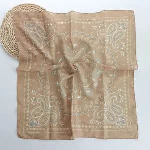 Elegant beige paisley silk square scarf, versatile thin neckerchief and hair wrap.
