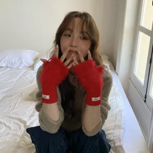 Red fuzzy fingerless gloves for women winter warm knit half-finger mittens cute style