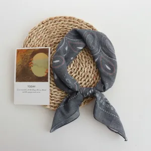 Paisley print small square scarf detail, dark grey lightweight neckerchief for stylish wear.