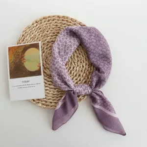Elegant purple floral square scarf, lightweight breathable fabric, stylish neck accessory.