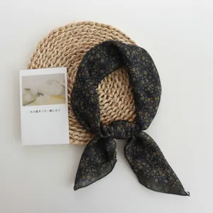Dark floral print small square scarf retro neckerchief lightweight breathable.