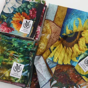 Detailed view of Van Gogh oil painting style cotton square scarf, art print floral neckerchief.