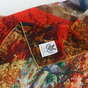 Close-up view of cotton artistic square scarf with oil painting print and fine handmade edge detail.