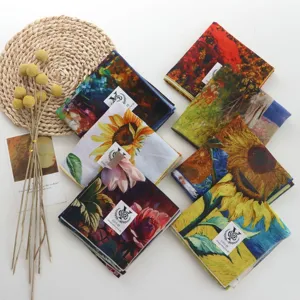 Van Gogh oil painting style art square scarf cotton floral print women neckerchief accessory