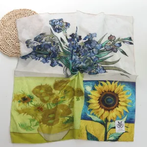 Van Gogh oil painting art square scarf, floral print silk scarf, vintage women fashion.