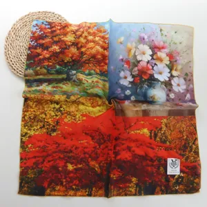 Van Gogh oil painting style silk square scarf detail, artistic floral print twill scarf.