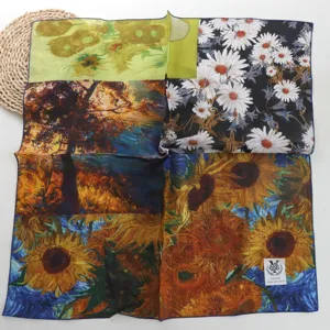 Van Gogh style art silk square scarf, 64cm twill silk women decorative neckerchief for wear.
