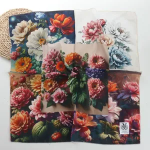 Detail view of artistic oil painting floral print silk scarf, premium square neckerchief.